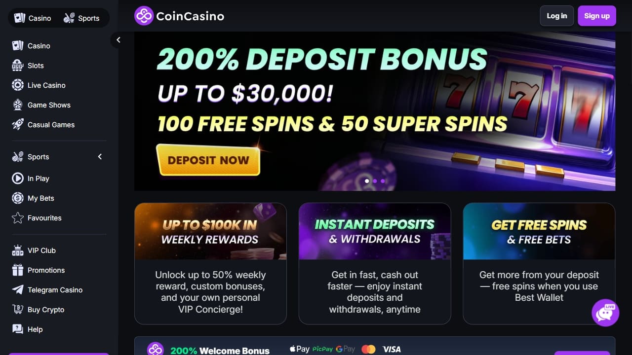 Coincasino homepage met deposit bonus